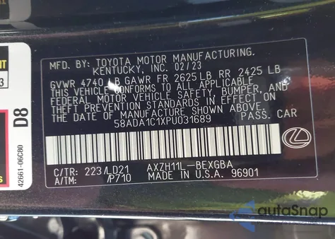 2023 Lexus Es 300H из США, поврежденный, VIN 58ADA1C1XPU031689